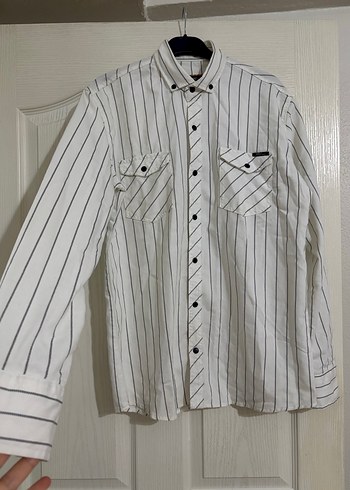 Çizgili Beyaz Pamuklu Uzun Kollu Erkek Gömlek - Görsel 5