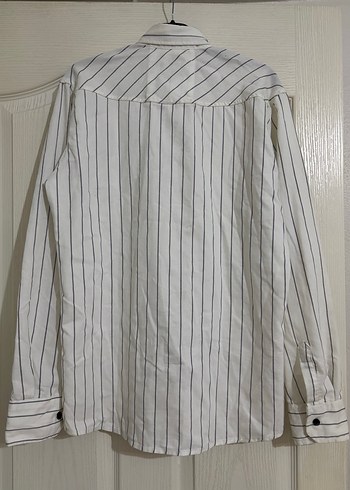 Çizgili Beyaz Pamuklu Uzun Kollu Erkek Gömlek - Görsel 8
