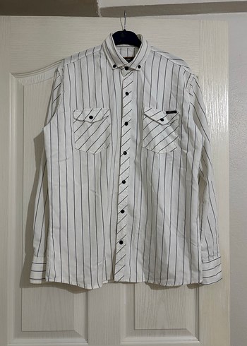 Çizgili Beyaz Pamuklu Uzun Kollu Erkek Gömlek - Görsel 2