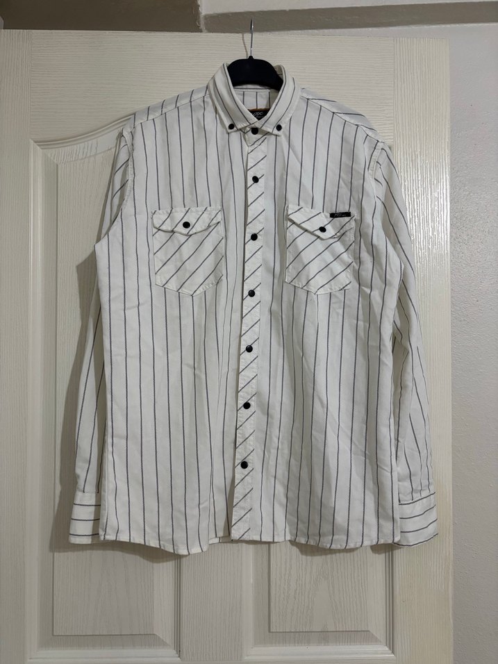 Çizgili Beyaz Pamuklu Uzun Kollu Erkek Gömlek - Görsel 2