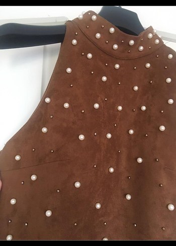 Zara Boncuk İşlemeli Uzun Kahverengi Abiye Elbise