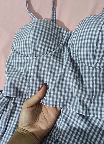 s Beden beyaz Renk Mor potikareli crop etek takım
