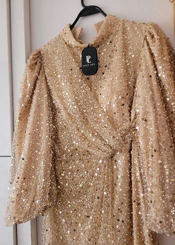 Bej Parlak Uzun Kollu Drapeli Abiye Elbise - Görsel 3