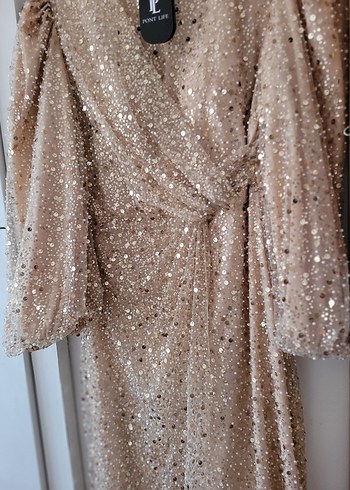 Bej Parlak Uzun Kollu Drapeli Abiye Elbise - Görsel 6