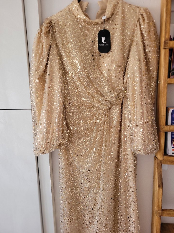 Bej Parlak Uzun Kollu Drapeli Abiye Elbise - Görsel 4