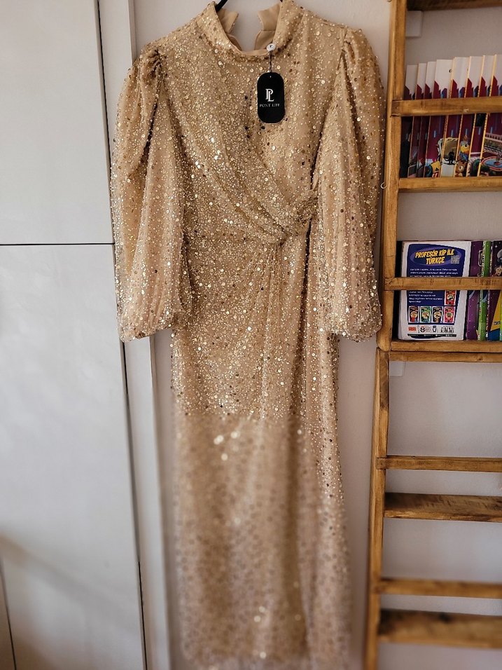 Bej Parlak Uzun Kollu Drapeli Abiye Elbise - Görsel 5