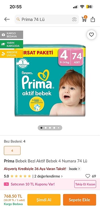 Prima 74 lü 4 numara kargodan geldiği gibi paketli sıfır
