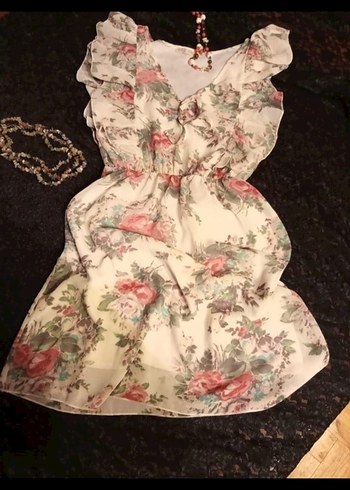 Bej Çiçek Desenli Bohem Elbise - Görsel 6