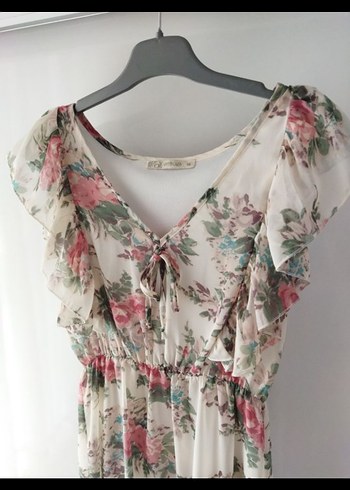 Bej Çiçek Desenli Bohem Elbise - Görsel 2