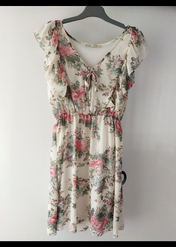 Bej Çiçek Desenli Bohem Elbise - Görsel 3