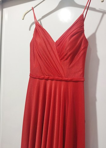 Kırmızı V Yaka Uzun Drapeli Abiye Elbise - Görsel 7