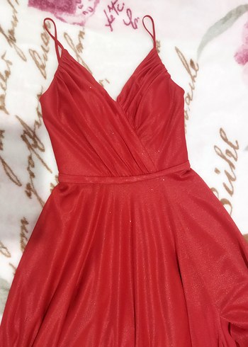 Kırmızı V Yaka Uzun Drapeli Abiye Elbise - Görsel 5