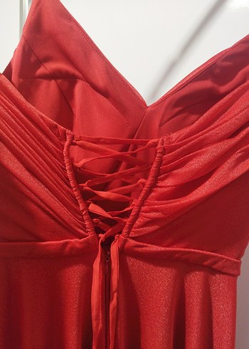 Kırmızı V Yaka Uzun Drapeli Abiye Elbise - Görsel 8