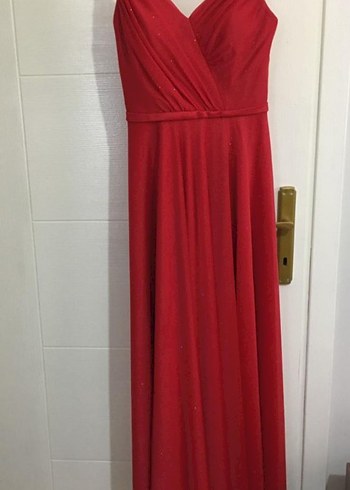 Kırmızı V Yaka Uzun Drapeli Abiye Elbise - Görsel 2