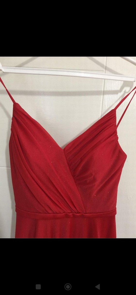 Kırmızı V Yaka Uzun Drapeli Abiye Elbise - Görsel 3