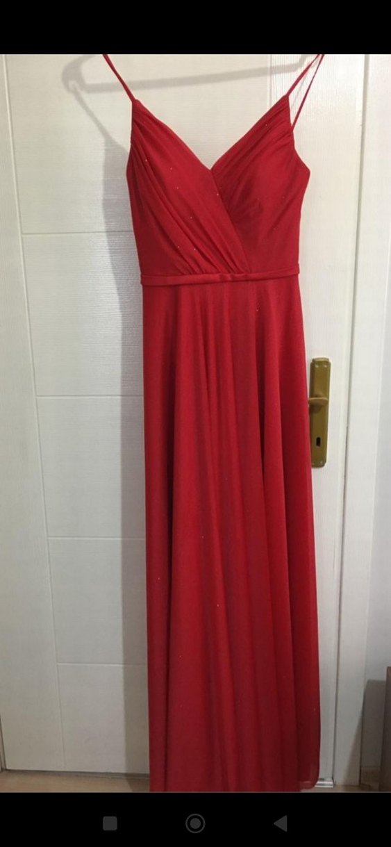Kırmızı V Yaka Uzun Drapeli Abiye Elbise - Görsel 2