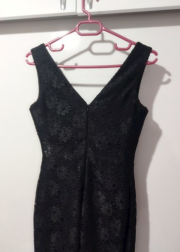 Siyah Dantelli V Yakalı Midi Abiye Elbise - Görsel 8