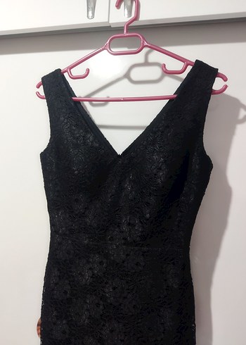 Siyah Dantelli V Yakalı Midi Abiye Elbise - Görsel 7