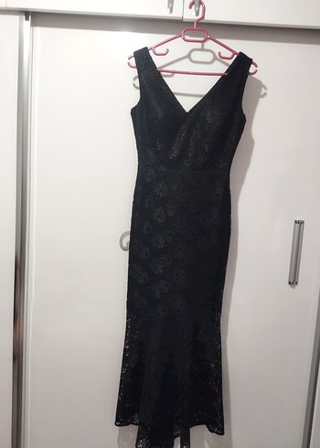 Siyah Dantelli V Yakalı Midi Abiye Elbise - Görsel 5