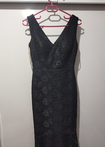 Siyah Dantelli V Yakalı Midi Abiye Elbise - Görsel 3