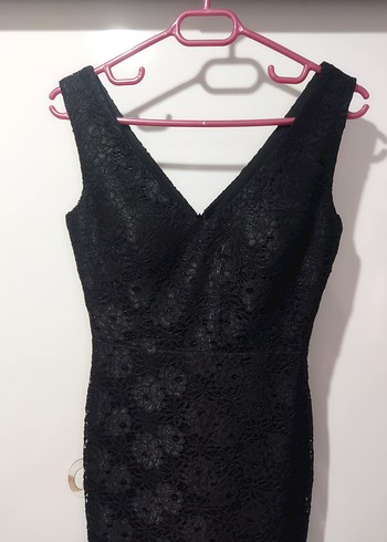 Siyah Dantelli V Yakalı Midi Abiye Elbise - Görsel 6