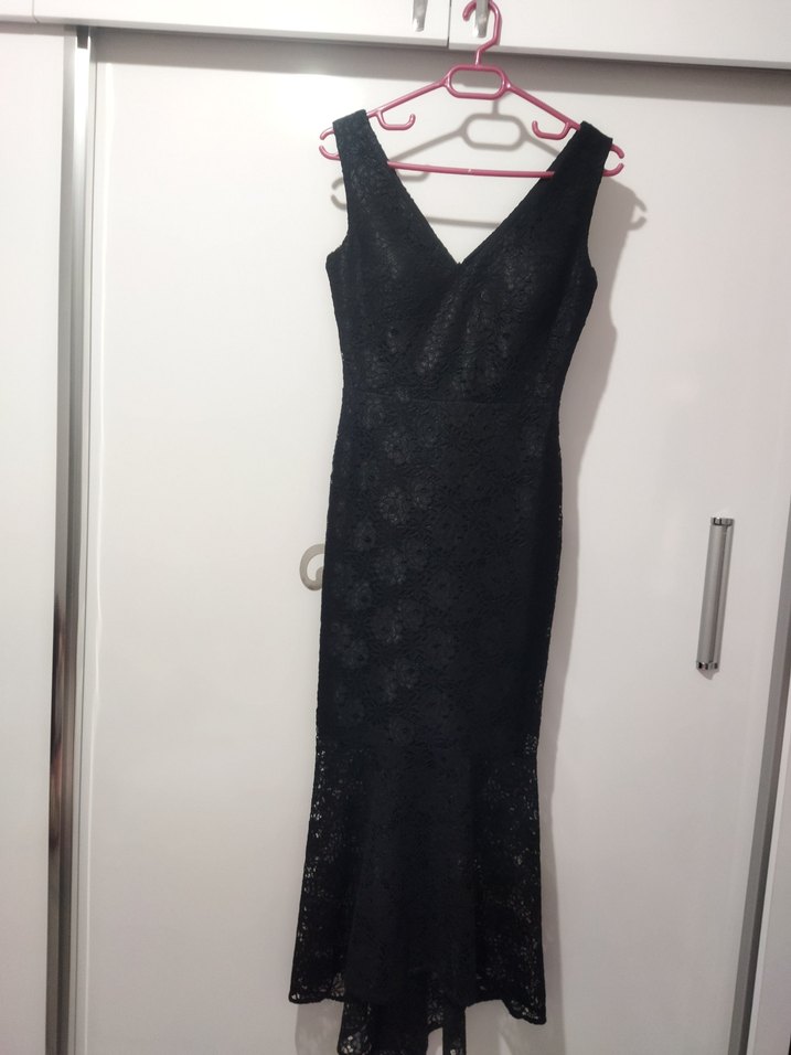 Siyah Dantelli V Yakalı Midi Abiye Elbise - Görsel 5