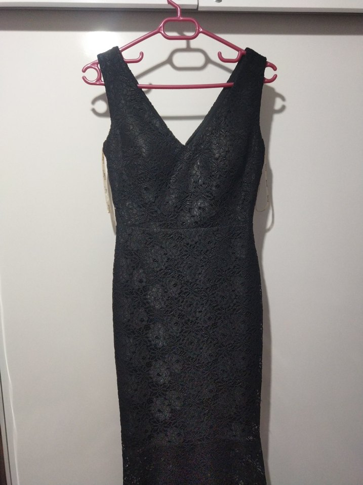 Siyah Dantelli V Yakalı Midi Abiye Elbise - Görsel 3