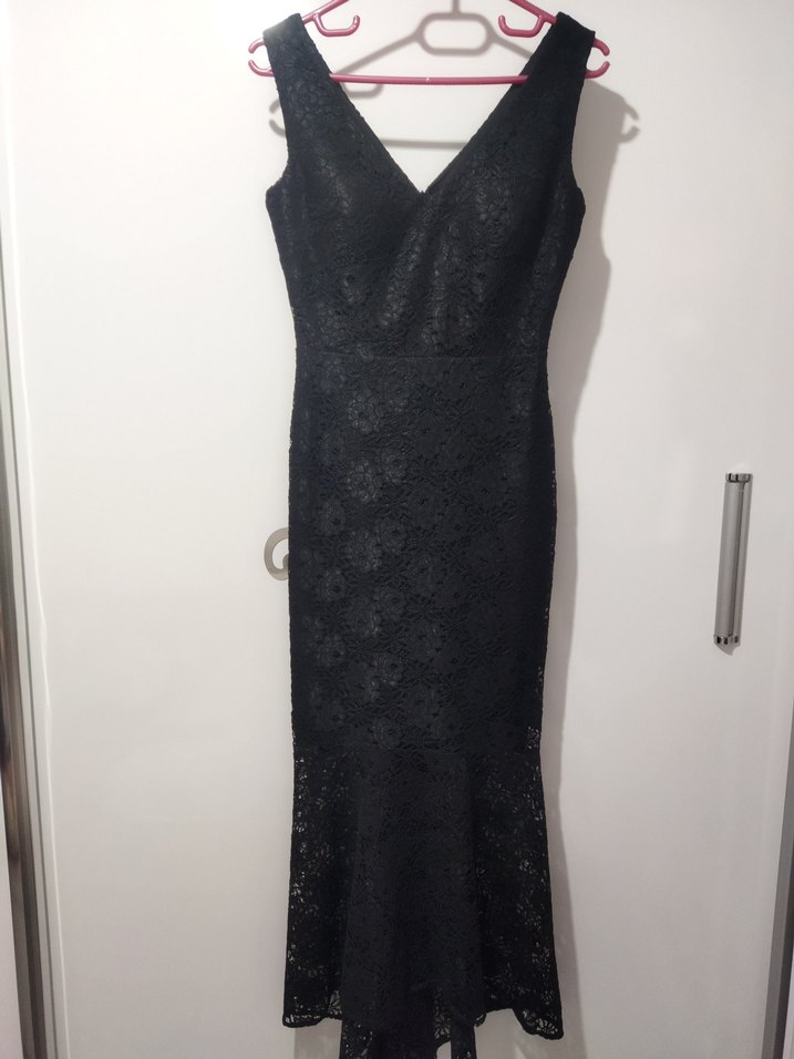 Siyah Dantelli V Yakalı Midi Abiye Elbise - Görsel 4