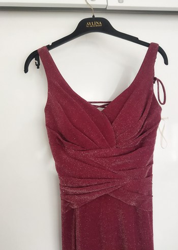 Bordo Mürdüm Parlak Simli V Yaka Uzun Abiye Elbise - Görsel 5