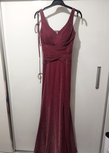 Bordo Mürdüm Parlak Simli V Yaka Uzun Abiye Elbise - Görsel 4