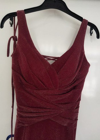 Bordo Mürdüm Parlak Simli V Yaka Uzun Abiye Elbise - Görsel 11