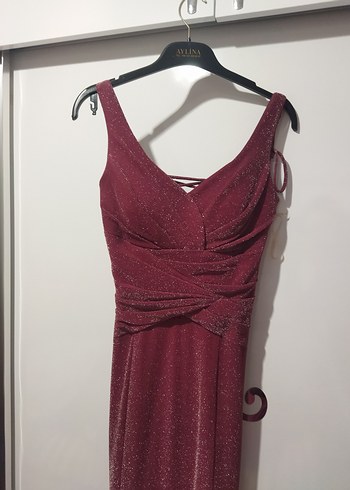 Bordo Mürdüm Parlak Simli V Yaka Uzun Abiye Elbise - Görsel 6