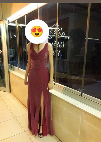 Bordo Mürdüm Parlak Simli V Yaka Uzun Abiye Elbise - Görsel 3