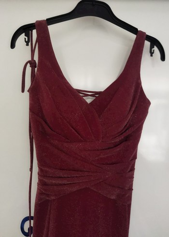 Bordo Mürdüm Parlak Simli V Yaka Uzun Abiye Elbise - Görsel 8