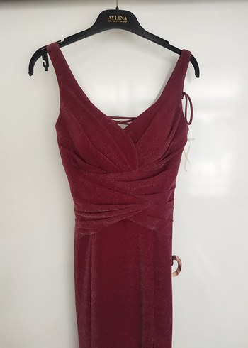 Bordo Mürdüm Parlak Simli V Yaka Uzun Abiye Elbise - Görsel 10