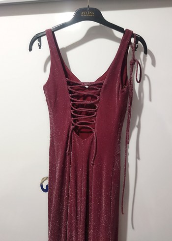 Bordo Mürdüm Parlak Simli V Yaka Uzun Abiye Elbise - Görsel 7