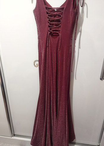 Bordo Mürdüm Parlak Simli V Yaka Uzun Abiye Elbise - Görsel 9