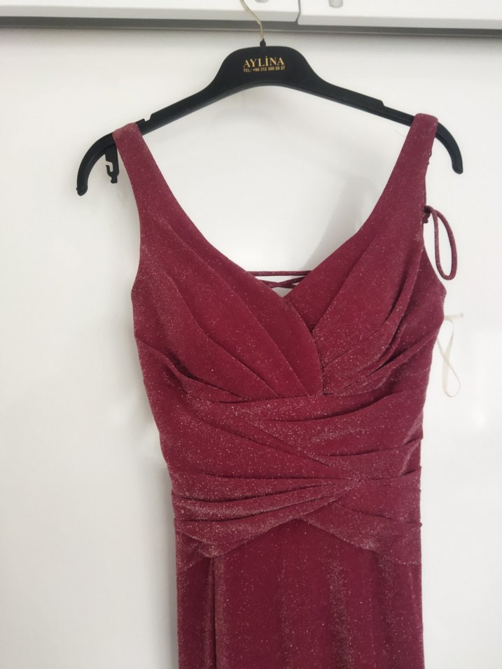 Bordo Mürdüm Parlak Simli V Yaka Uzun Abiye Elbise - Görsel 5