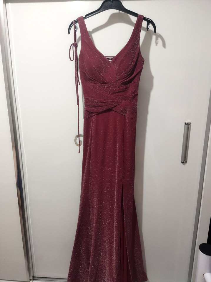 Bordo Mürdüm Parlak Simli V Yaka Uzun Abiye Elbise - Görsel 4