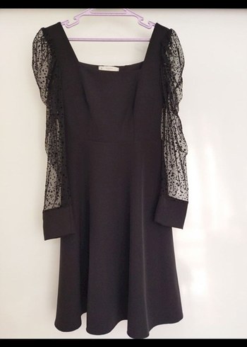 Balon Kollu Siyah Kadın Elbise - Görsel 5