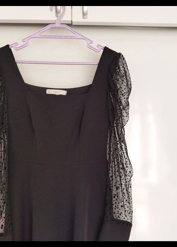 Balon Kollu Siyah Kadın Elbise - Görsel 4