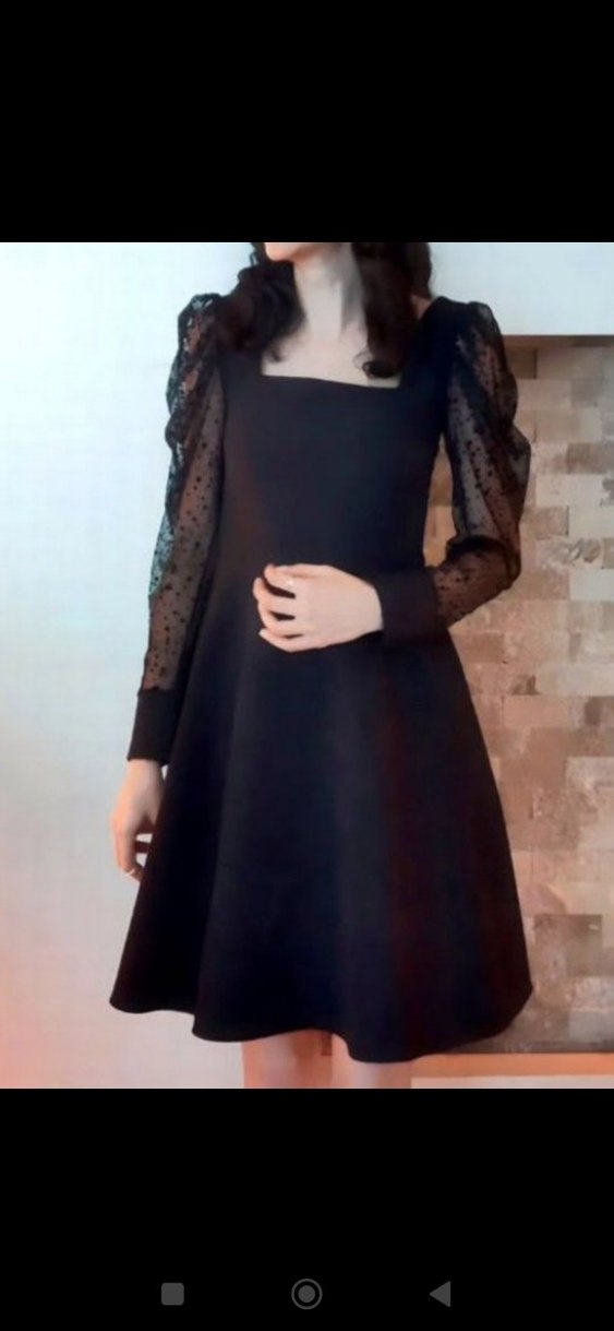 Balon Kollu Siyah Kadın Elbise - Görsel 3