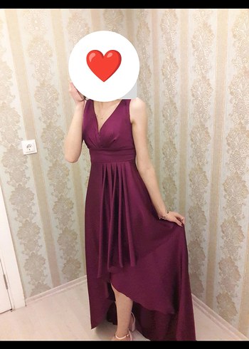 Bordo Uzun Drapeli V Yakalı Abiye Elbise - Görsel 2