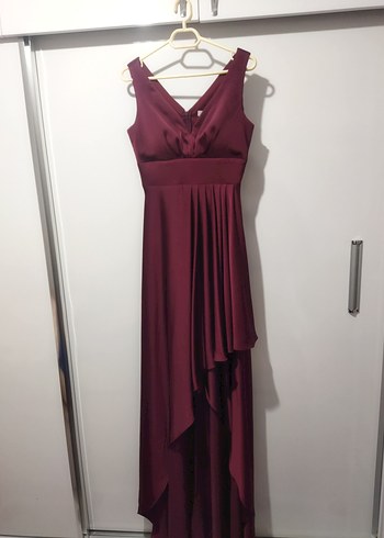 Bordo Uzun Drapeli V Yakalı Abiye Elbise - Görsel 5