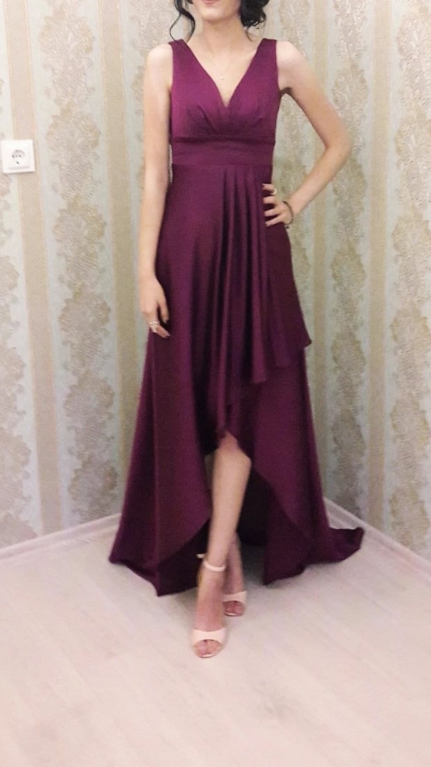 Bordo Uzun Drapeli V Yakalı Abiye Elbise - Görsel 4