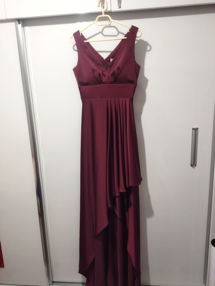 Bordo Uzun Drapeli V Yakalı Abiye Elbise - Görsel 5