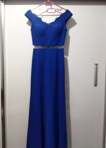 Mavi V Yaka Yırtmaçlı Uzun Kadın Elbise - Görsel 8