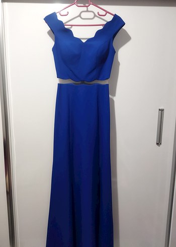 Mavi V Yaka Yırtmaçlı Uzun Kadın Elbise - Görsel 3