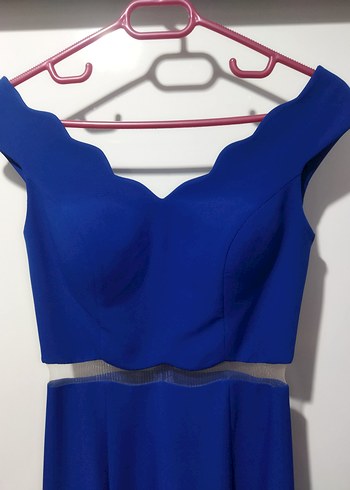 Mavi V Yaka Yırtmaçlı Uzun Kadın Elbise - Görsel 4