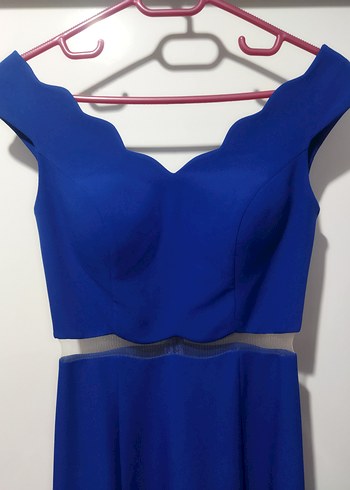 Mavi V Yaka Yırtmaçlı Uzun Kadın Elbise - Görsel 6